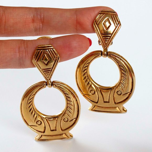 Large Gold Tribal Pattern Door Knocker Earrings - Picture 1 of 3